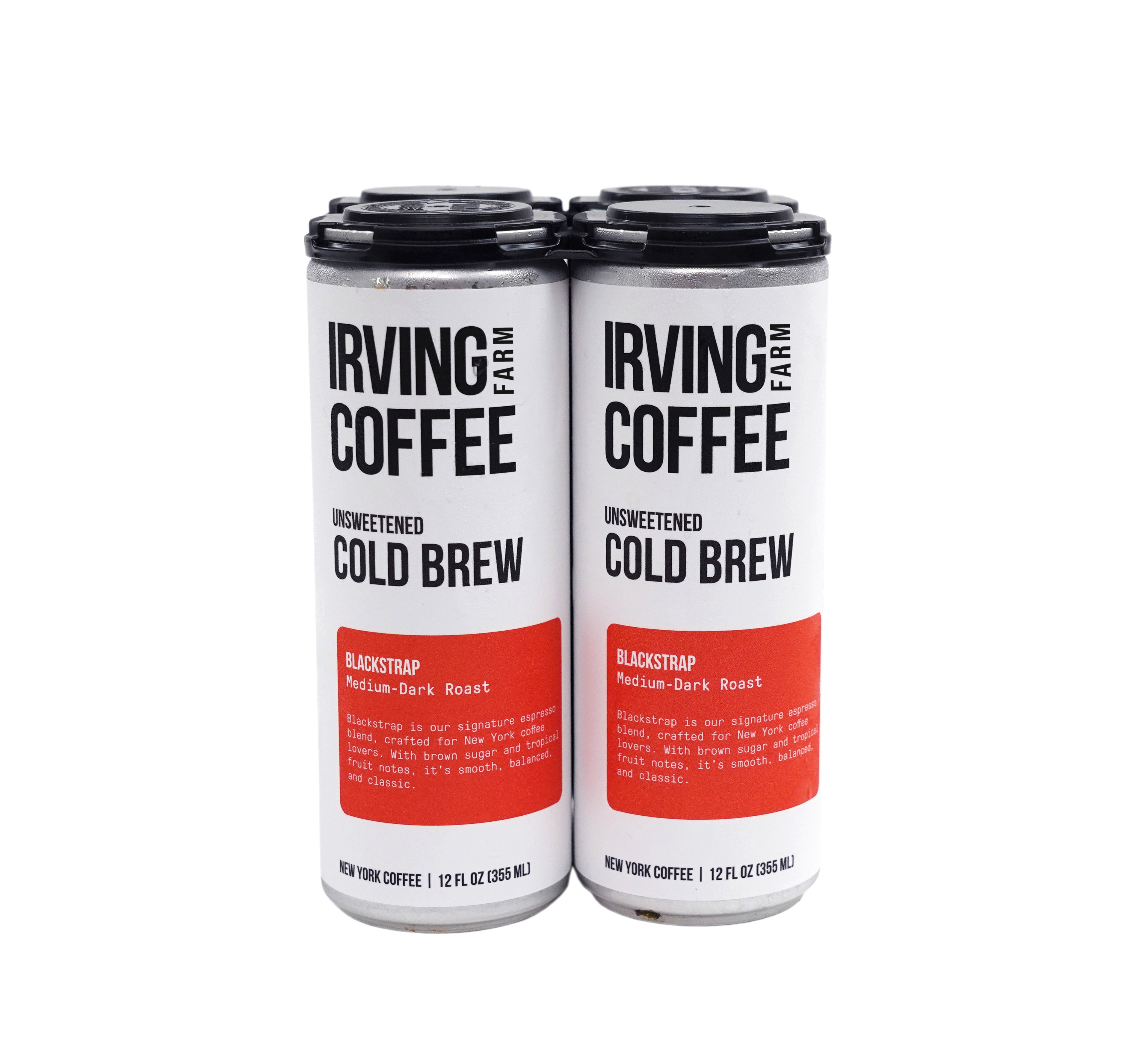 Two cans of Irving Farm Coffee unsweetened cold brew on a white background